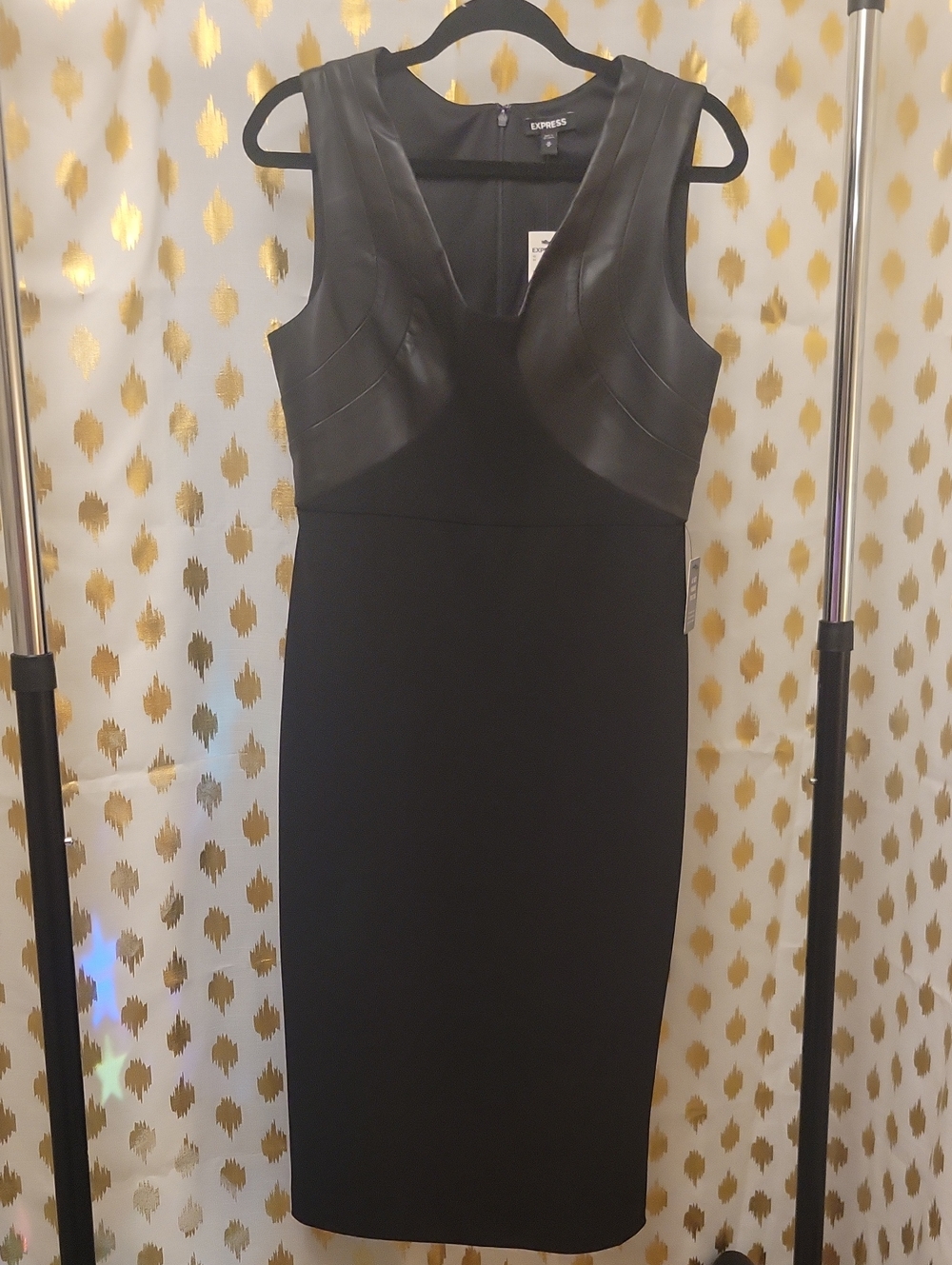 Express Black Faux-Leather Bodice Midi Dress